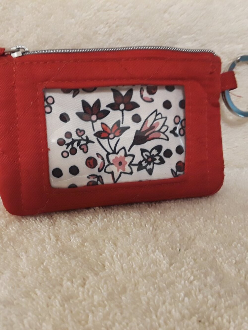 Wallet - Vera Bradley Solid Red Quilted Zip Clear ID Case & Card Holder Key Ring - Picture 3 of 12
